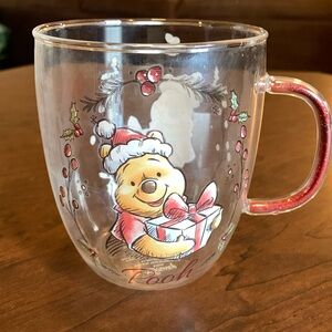 Disney Christmas Winnie the Pooh with Presents Glass Mug Glitter Handle